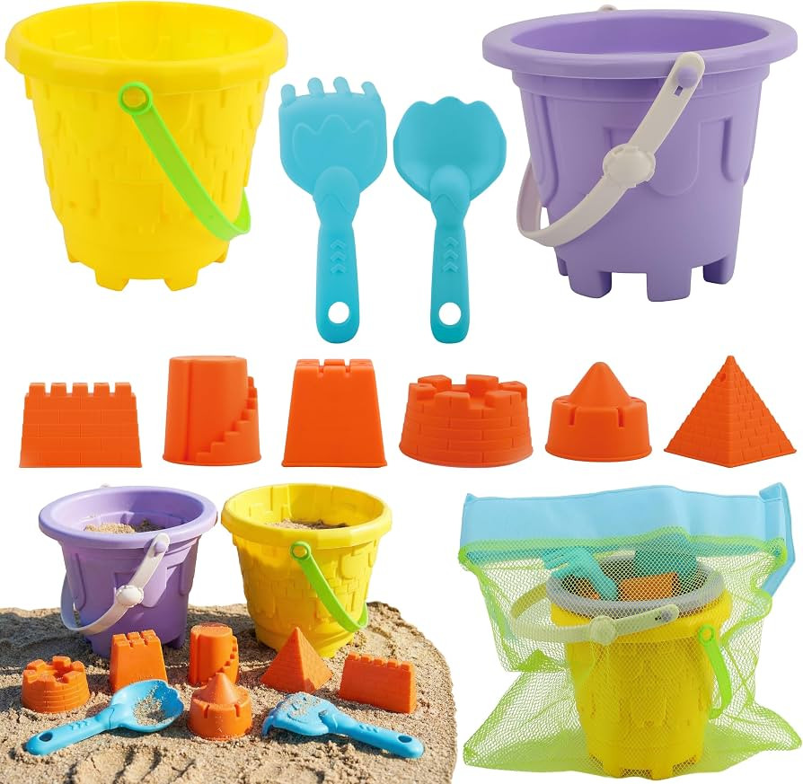 TOY Life Kids Beach Sand Castle Bucket Set, 2 Buckets with Mesh Bag, 6 Molds, 2 Shovels, Colorful... | Amazon (US)