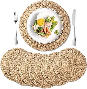 YANGQIHOME 6 Pack, Round Woven Placemats, Natural Water Hyacinth Place mats, Braided Straw Table ... | Amazon (US)