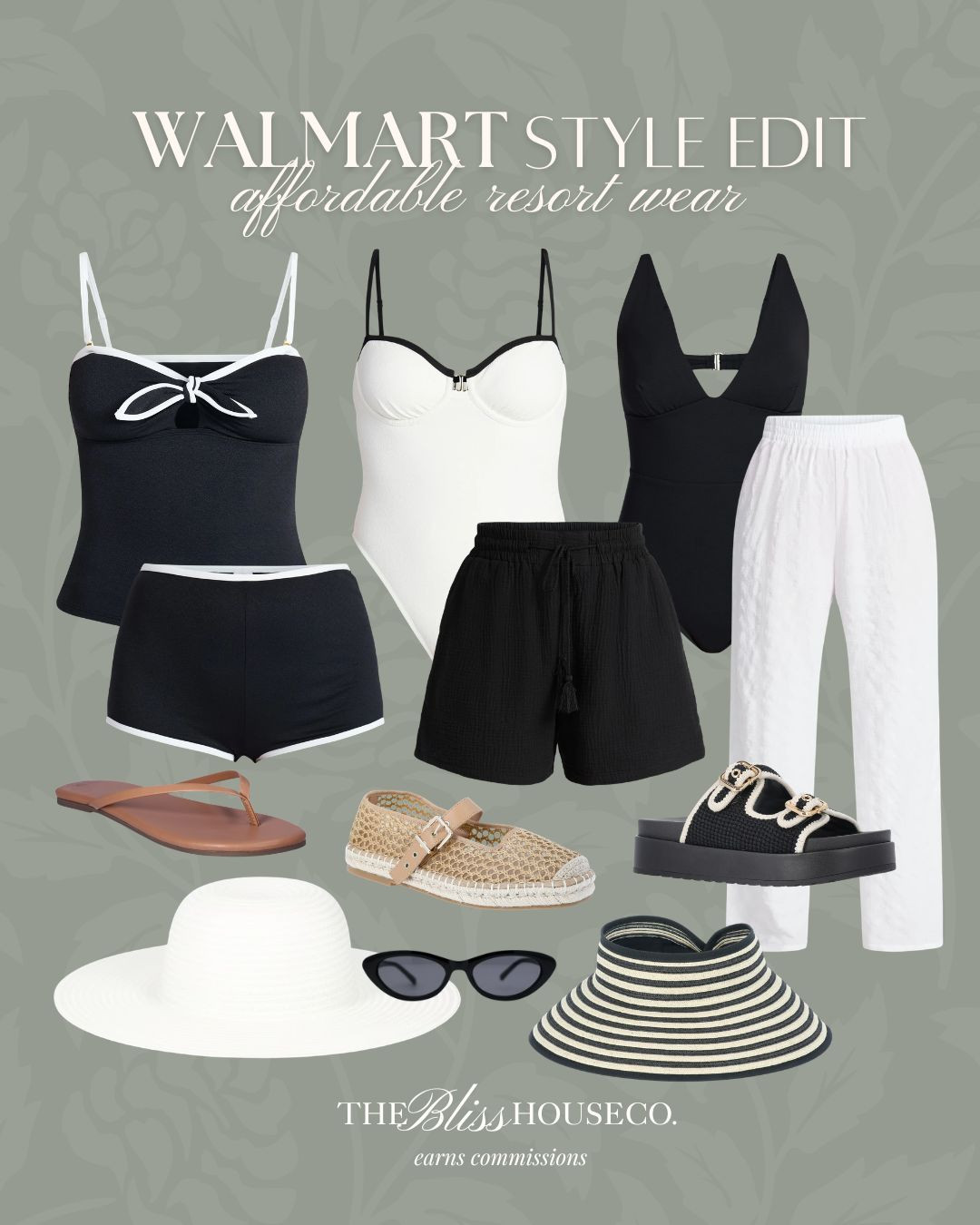 Walmart resort wear edit. 🖤 Classic black and white swim, breezy linen pants, relaxed shorts, woven flats, platform sandals, and chic sun hats for an effortless neutral vacation capsule. 

Walmart swimwear, Walmart resort wear, affordable vacation outfits, black and white swimsuit, one piece swim, two piece swim set, linen beach pants, cover up shorts, woven espadrilles, platform sandals, chic sun hat, beach accessories, vacation capsule wardrobe, spring break outfits, poolside style 

 #LTKootd #LTKTravel