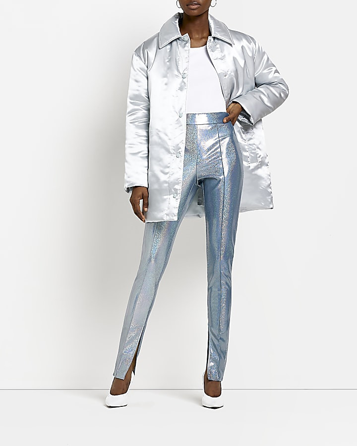 Silver faux leather holographic trousers | River Island (US)