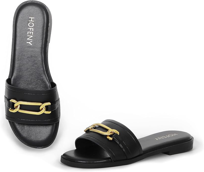 Womens Flat Sandals Round Open Toe Slip On Leather Slides for Summer | Amazon (US)