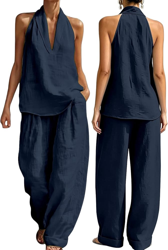Linen Cotton Sets for Women 2 Piece Summer Sleeveless V Neck Plus Size Top Matching Wide Leg Pants Casual Loose Outfits | Amazon (US)