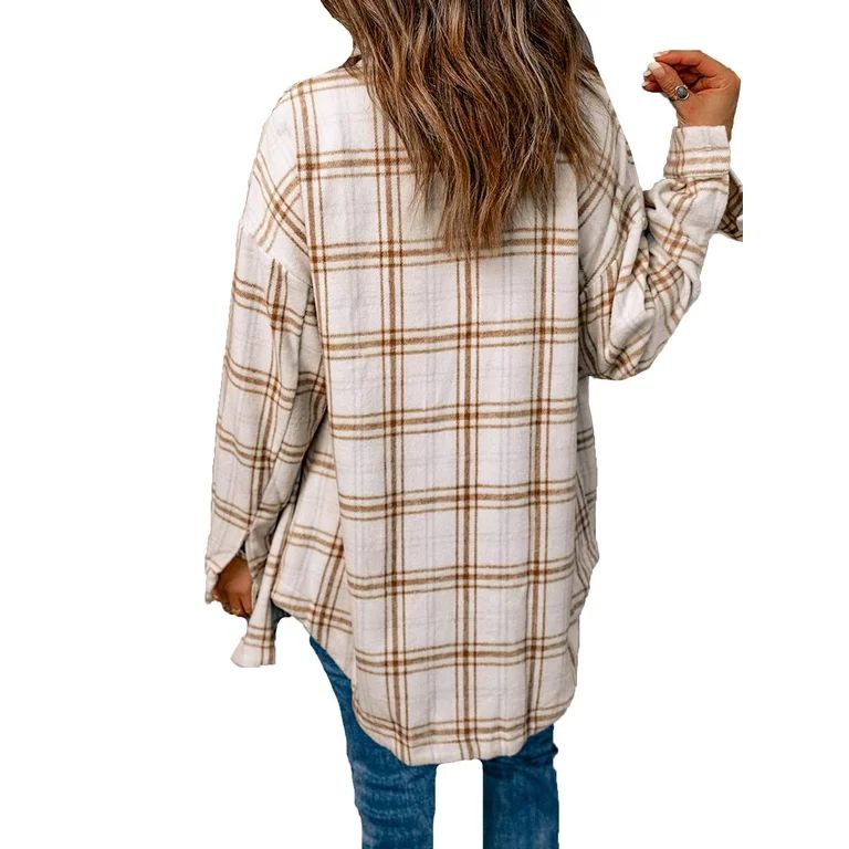 UVN Flannel Shacket for Women Plaid Long Sleeve Shirt Jacket with Pockets Button Down Blouse Coat | Walmart (US)