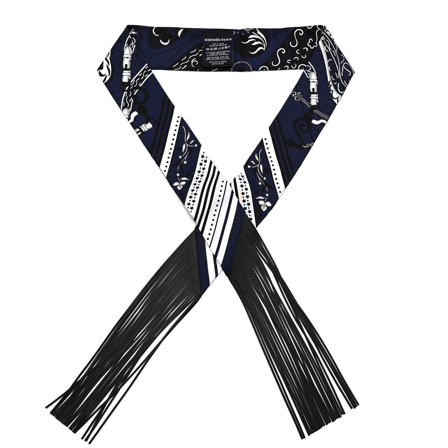 Silk Festival Des Amazones Bandana Fringed Twilly Bleu Black | FASHIONPHILE (US)