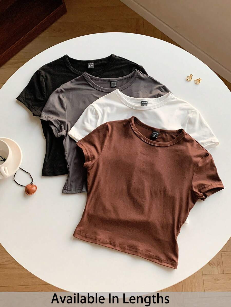 SHEIN Tall CURVE Plus Size Cropped Tops 4pcs Set Plain Cut-Off Round Neck Short Sleeve Fitted Lad... | SHEIN