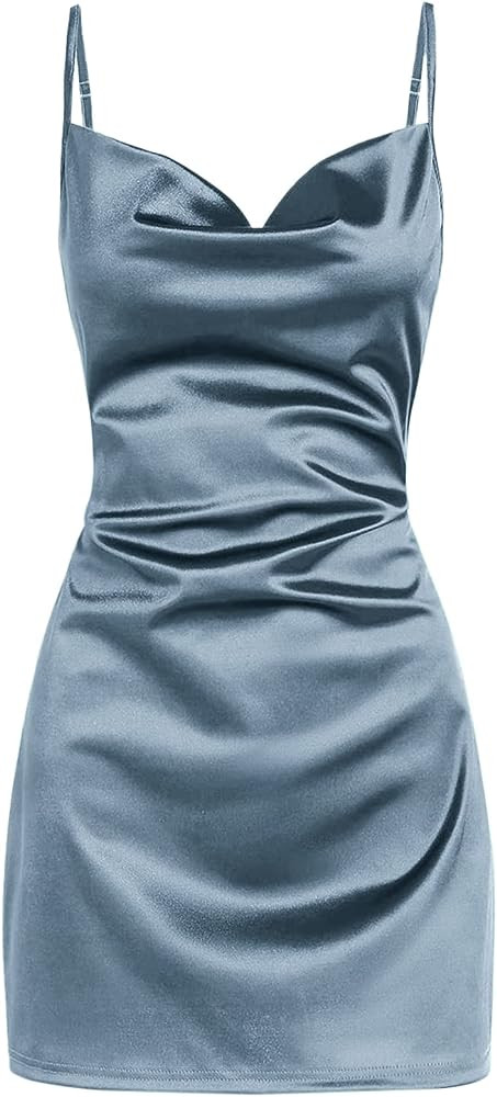 ZAFUL Women's Satin Sleeveless Spaghetti Strap Mini Dress Sexy Slip Cowl Neck Silky Cocktail Part... | Amazon (US)