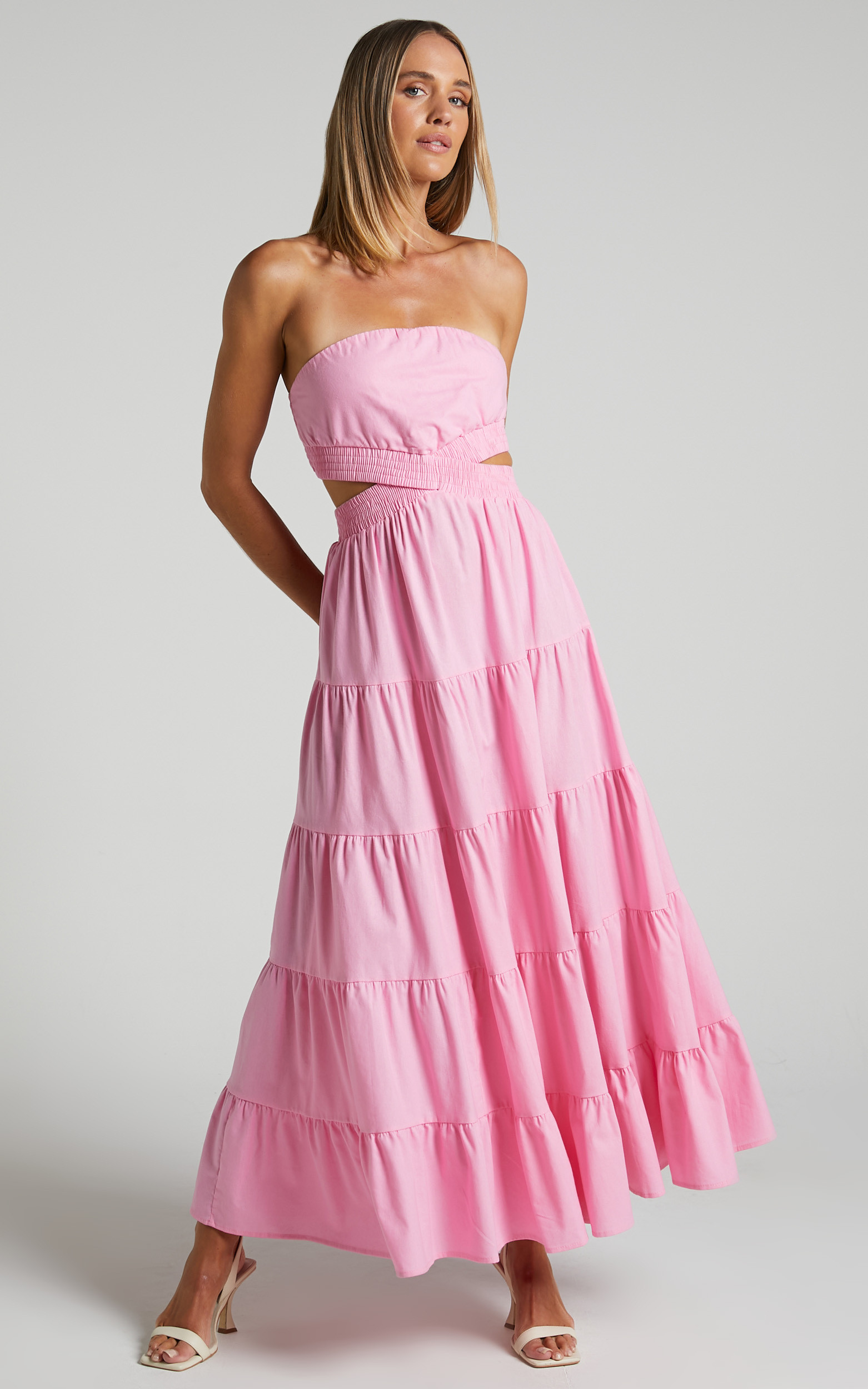 Xiomara Maxi Dress - Strapless Cut Out Tiered Dress in Pink | Showpo (US, UK & Europe)
