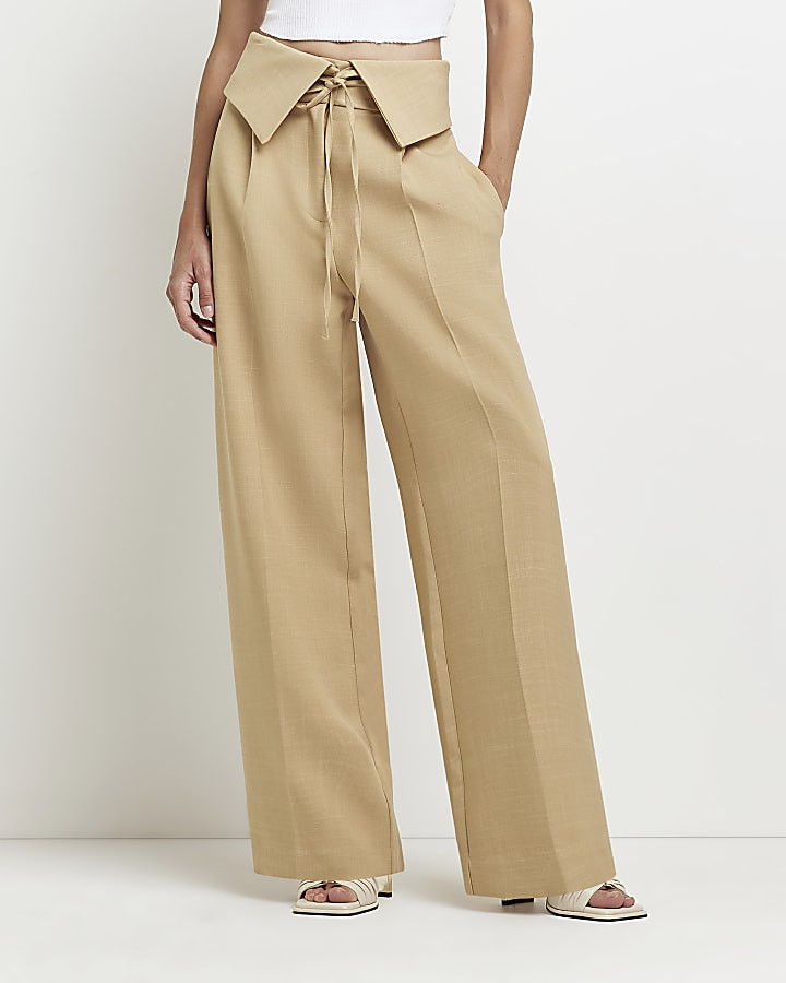Beige fold over waist wide leg trousers | River Island (UK & IE)