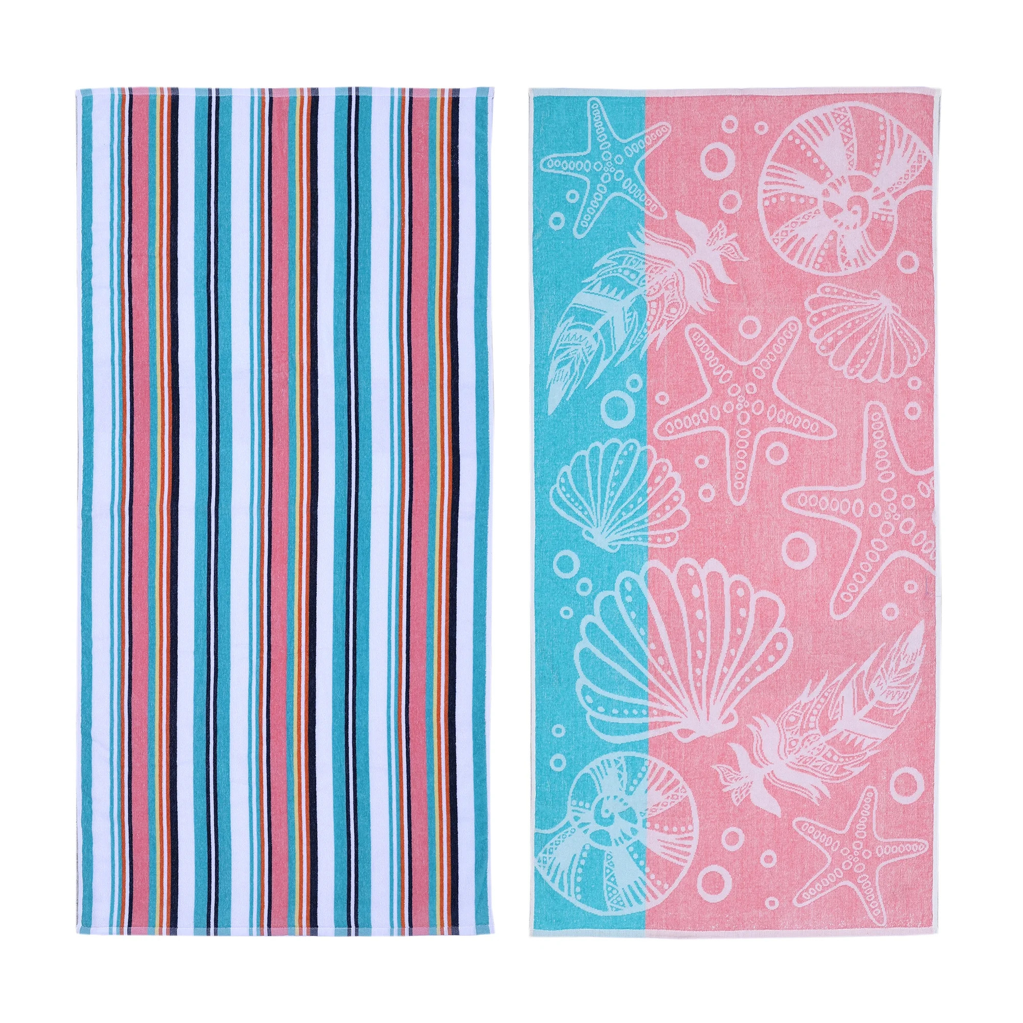 Mainstays 2pk Cotton Beach Towel, 58 x 28 in, Coral Starfish & Stripes | Walmart (US)