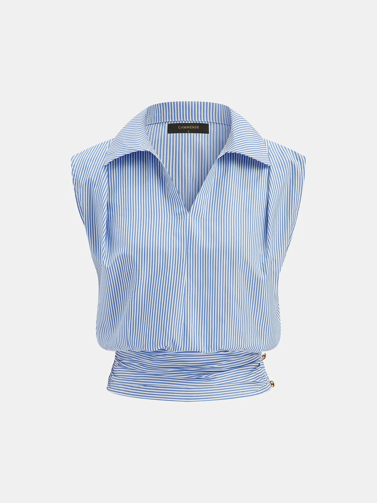 Striped Collared Sleeveless Cinched Blouse | Commense
