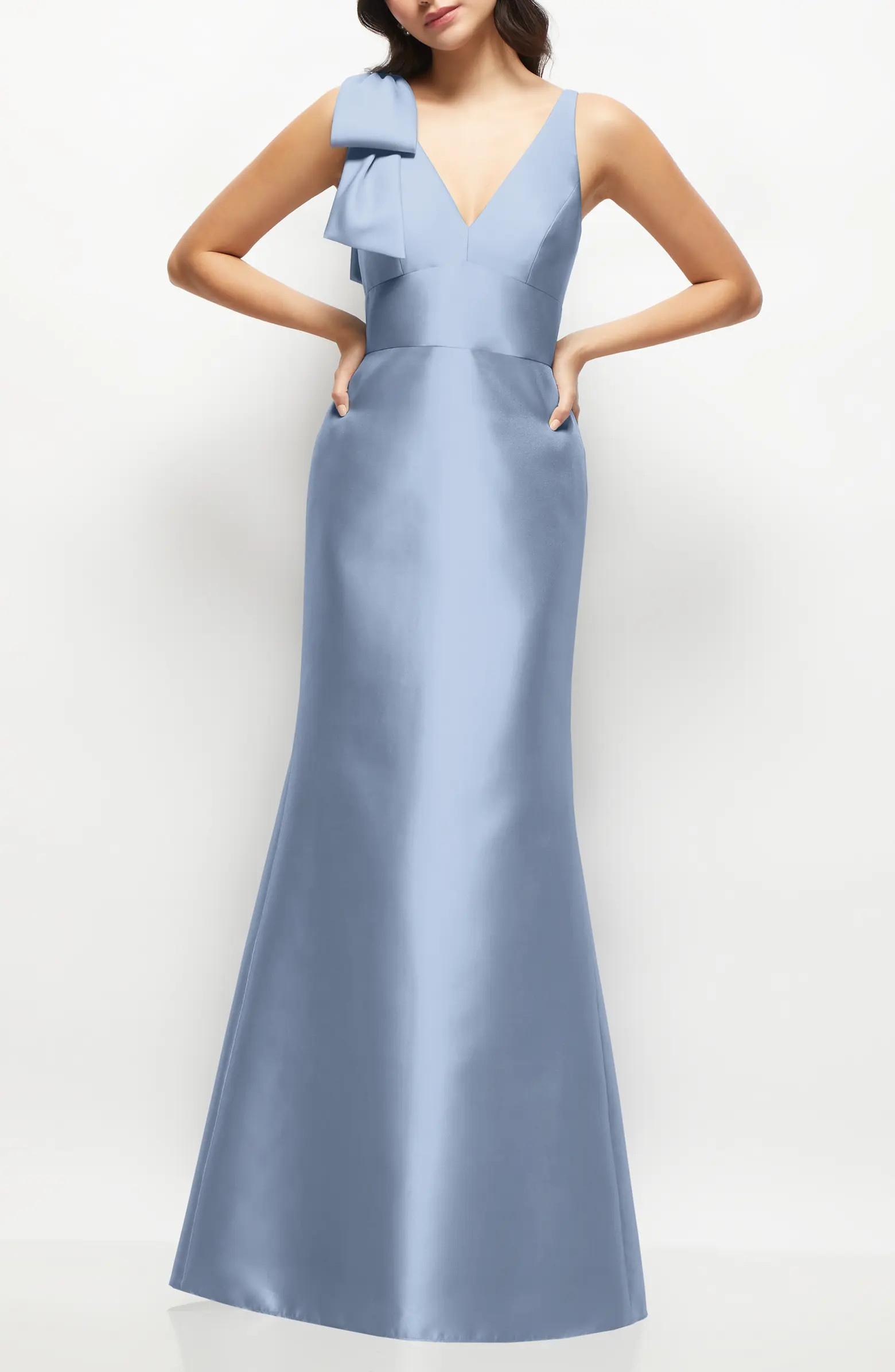 Bow Detail Sleeveless Satin Twill Trumpet Gown | Nordstrom