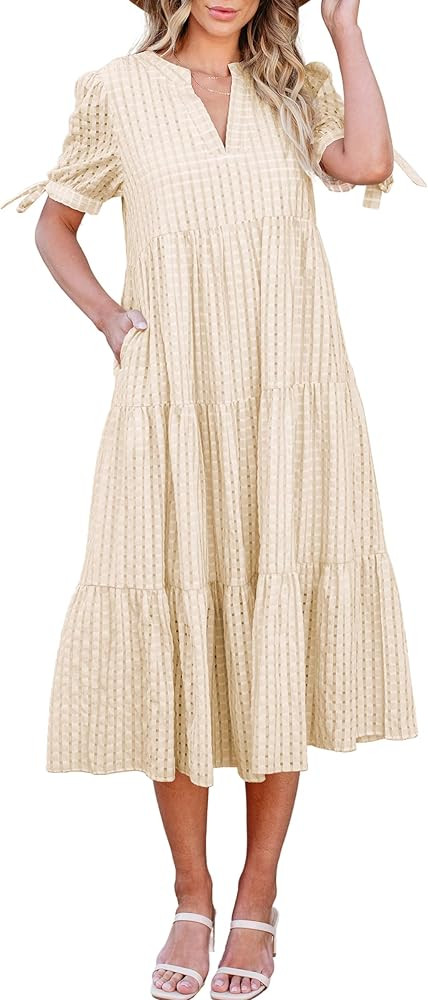 ECOWISH Women Summer Casual Dress - V Neck Short Sleeve Gingham Midi Pleated Tiered Loose Fit Hol... | Amazon (US)