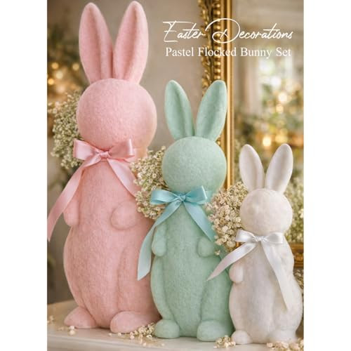 MOREDOTS Easter Decorations - 3 Pack Pastel Flocked Bow-Tied Bunny Set (10", 13", 16") - Spring Table Centerpieces for Indoor Decor - Easter Bunny Figurines Decoration for Home Party Office | Amazon (US)