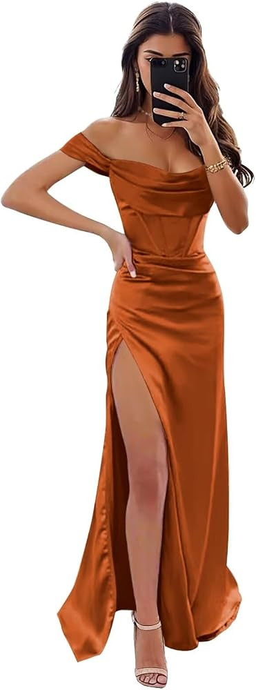 Women's Satin Prom Dress with Slit Off The Shoulder Mermaid Corset Evening Formal Party Fall Gowns | Amazon (US)