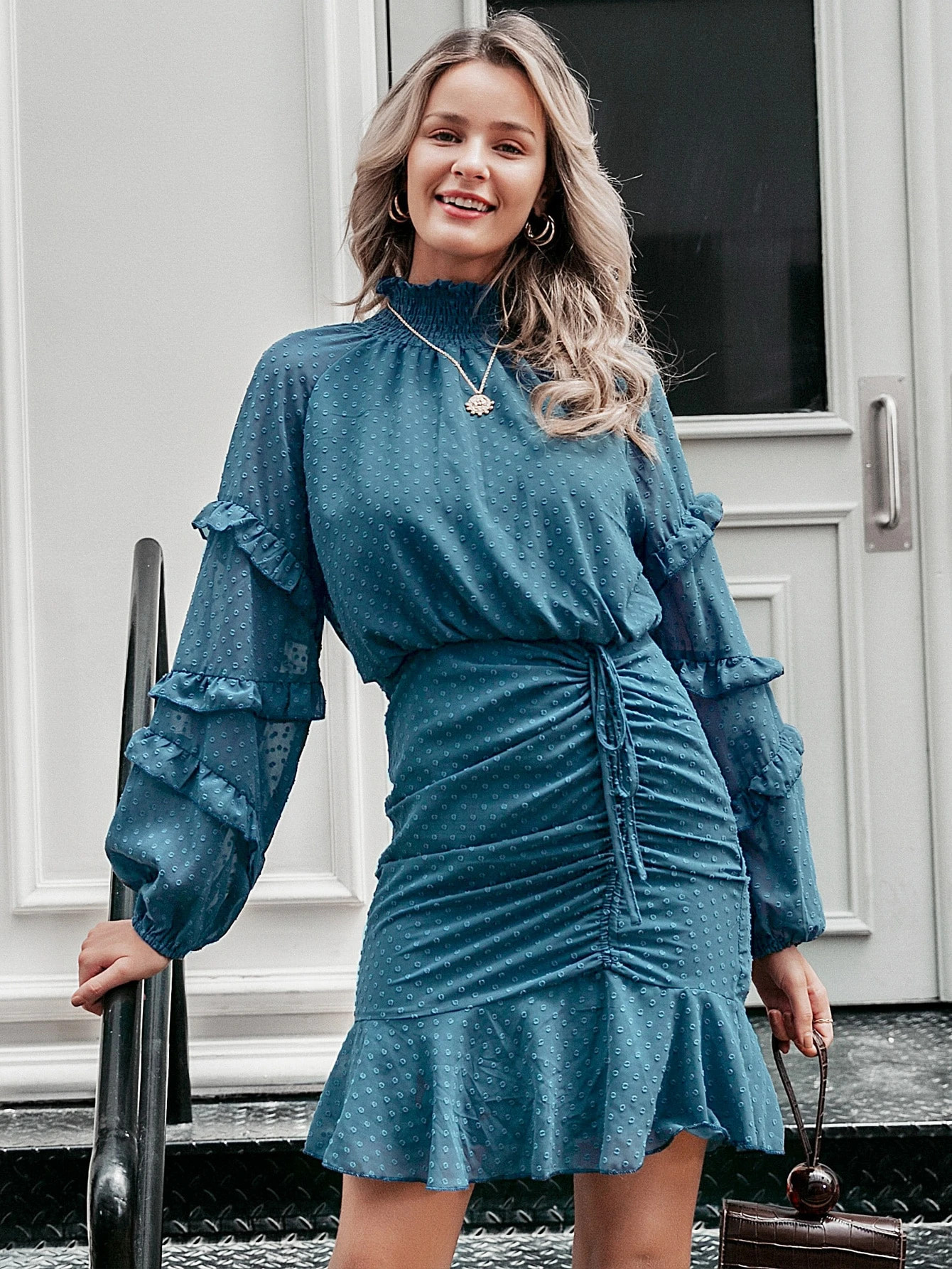 Simplee Ruffle Hem Drawstring Ruched Swiss Dot Dress | SHEIN