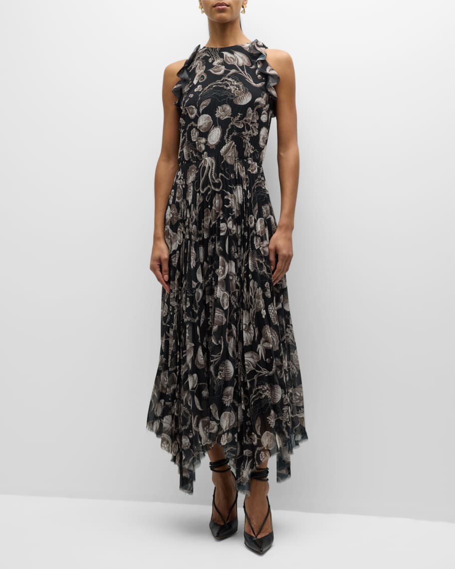 Jason Wu Collection Marine Print Pleated Chiffon Midi Dress | Neiman Marcus