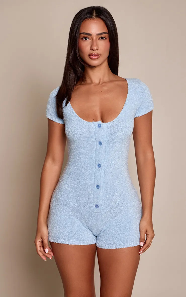 Petite Baby Blue Fluffy Knit Playsuit | PrettyLittleThing US