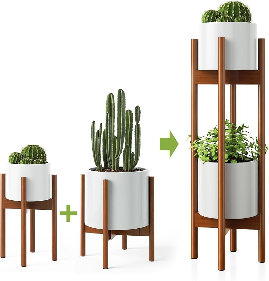 2 Pack Mid Century Modern Plant Stands with Adjustable Width 8" to 12", Indoor Bamboo Plant Stand... | Amazon (US)