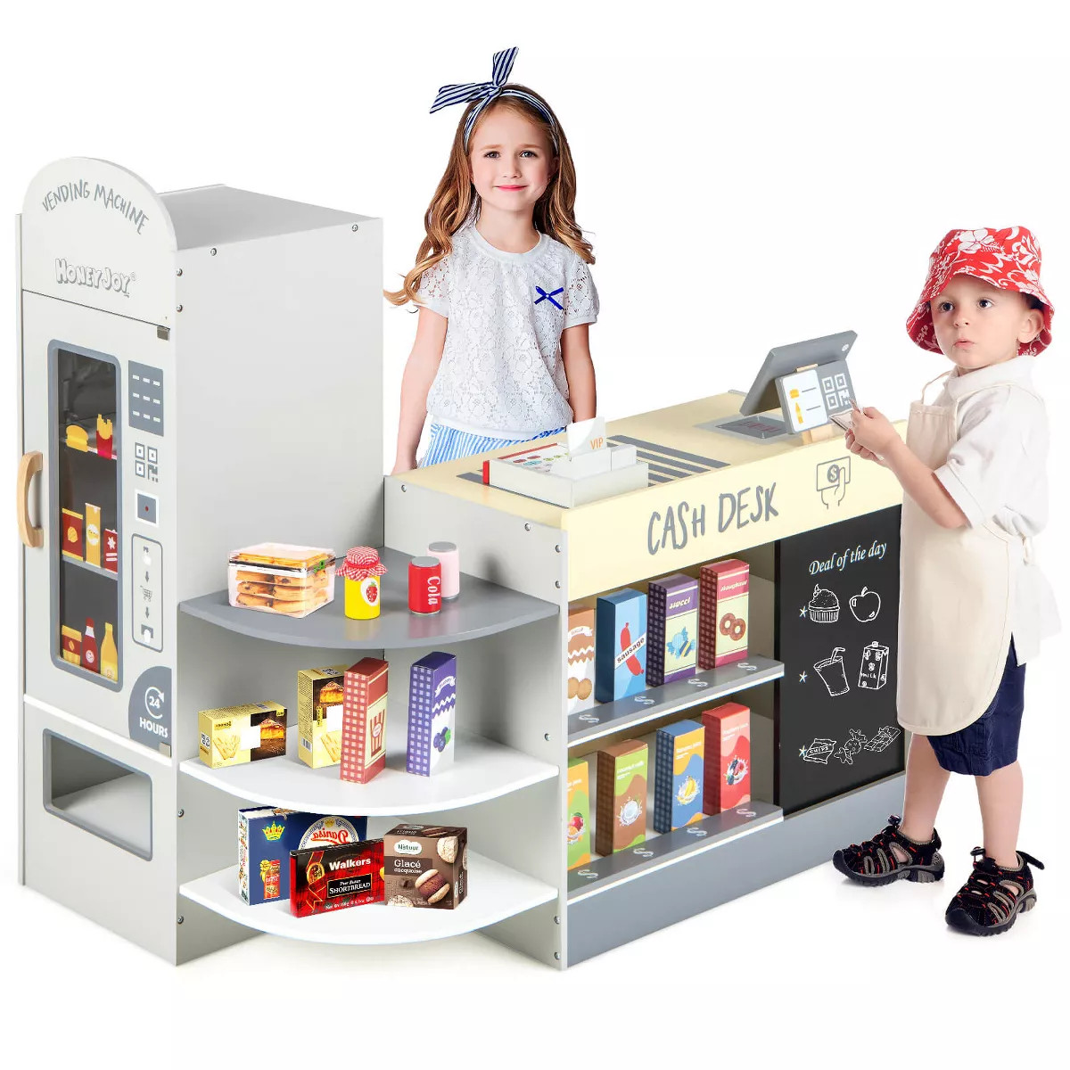 Costway Kids Grocery Store Playset Wooden Supermarket Play Toy Set with Cash Register Gray | Target
