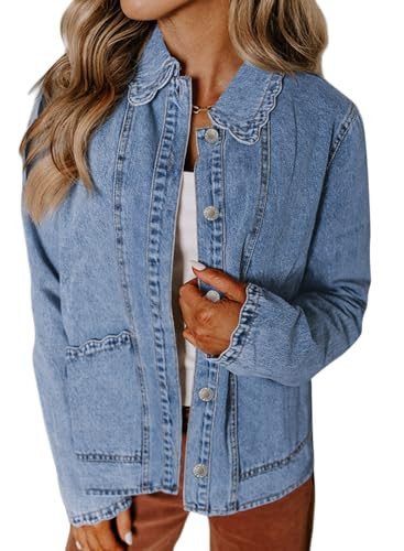 Sidefeel Women's Jean Jacket Long Sleeve Button Down Ruffled Denim Jacket Shacket | Amazon (US)