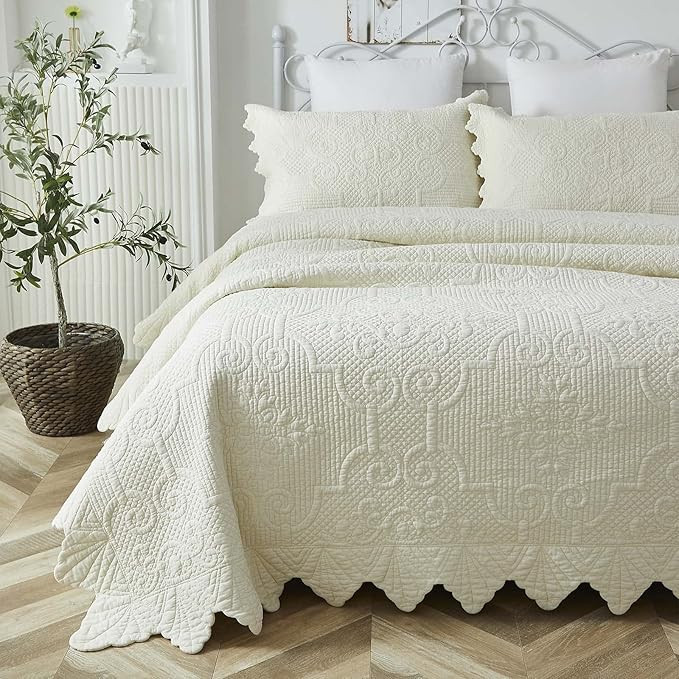 Brandream Cream White Quilt Set Queen Size Cotton Luxury Vintage Matelasse Coverlet Set Scalloped... | Amazon (US)