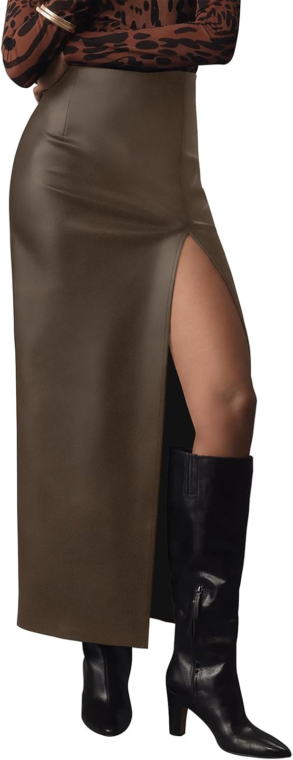LILLUSORY Womens Faux Leather Maxi Skirts High Waisted Slit | Amazon (US)