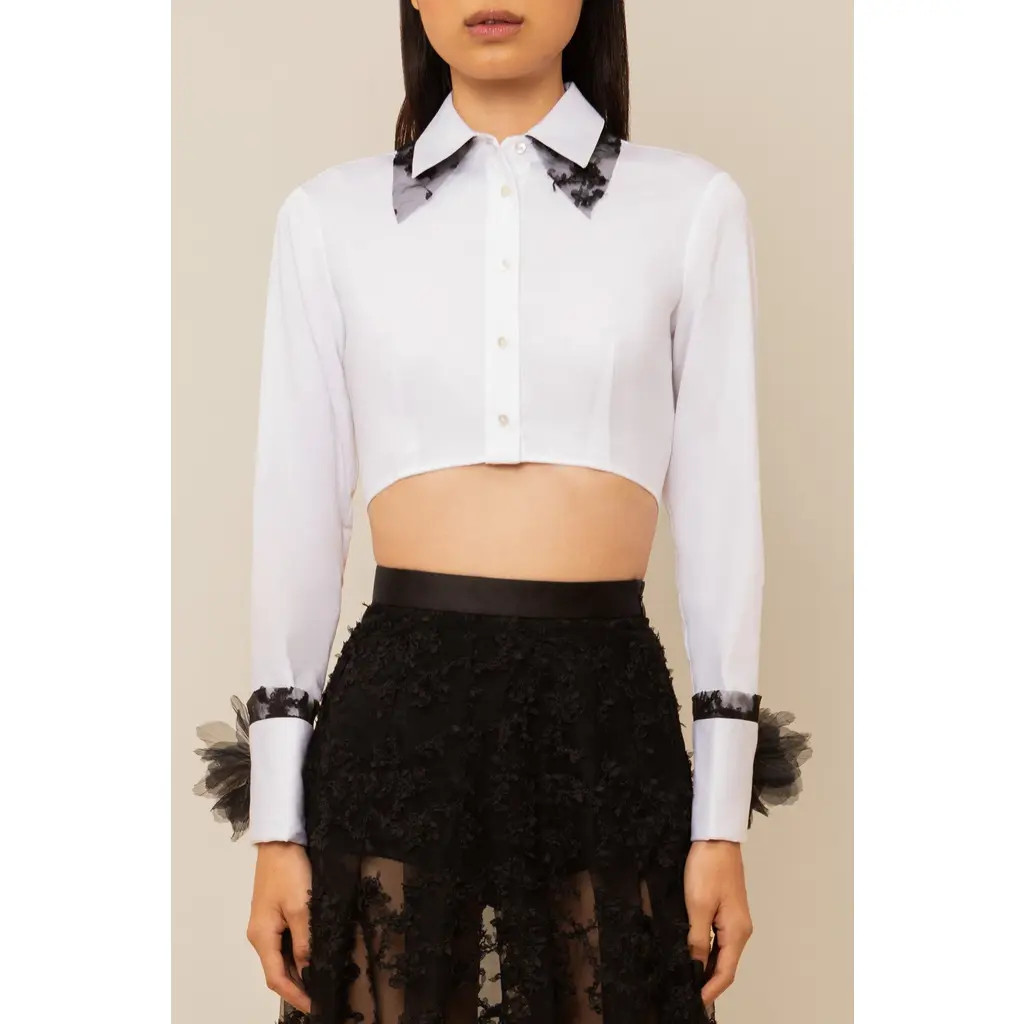 Contessa Mills Raven Cropped Lace-Trim Poplin Shirt in White at Nordstrom, Size Xx-Small | Nordstrom