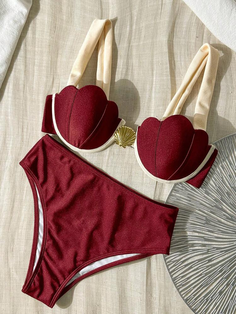 Bikinx Women's Summer Elegant Resort Shell Cups Contrast Binding Fine Edge Steel Ring Swimsuit | SHEIN