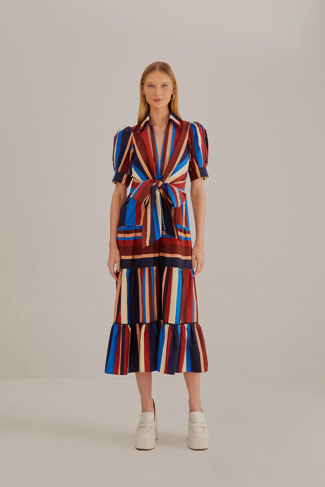 multicolor winter stripes short sleeve midi dress | FarmRio (US)