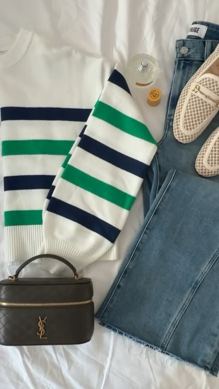 Striped sweater with jeans, ysl bag, mesh loafers, old money style, spring style, annabrstyle.

#LTKOver40
