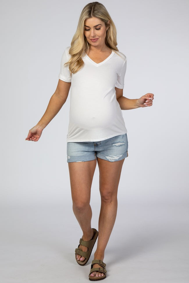 Light Blue Distressed Rolled Cuff Maternity Jean Shorts | PinkBlush Maternity