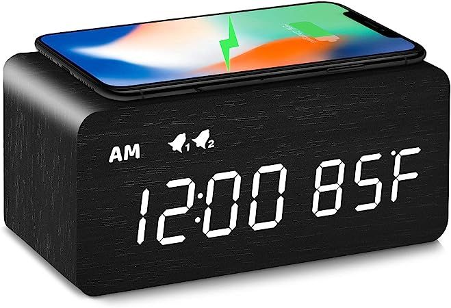 MOSITO Digital Wooden Alarm Clock with Wireless Charging, 0-100% Dimmer, Dual Alarm, Weekday /Wee... | Amazon (US)