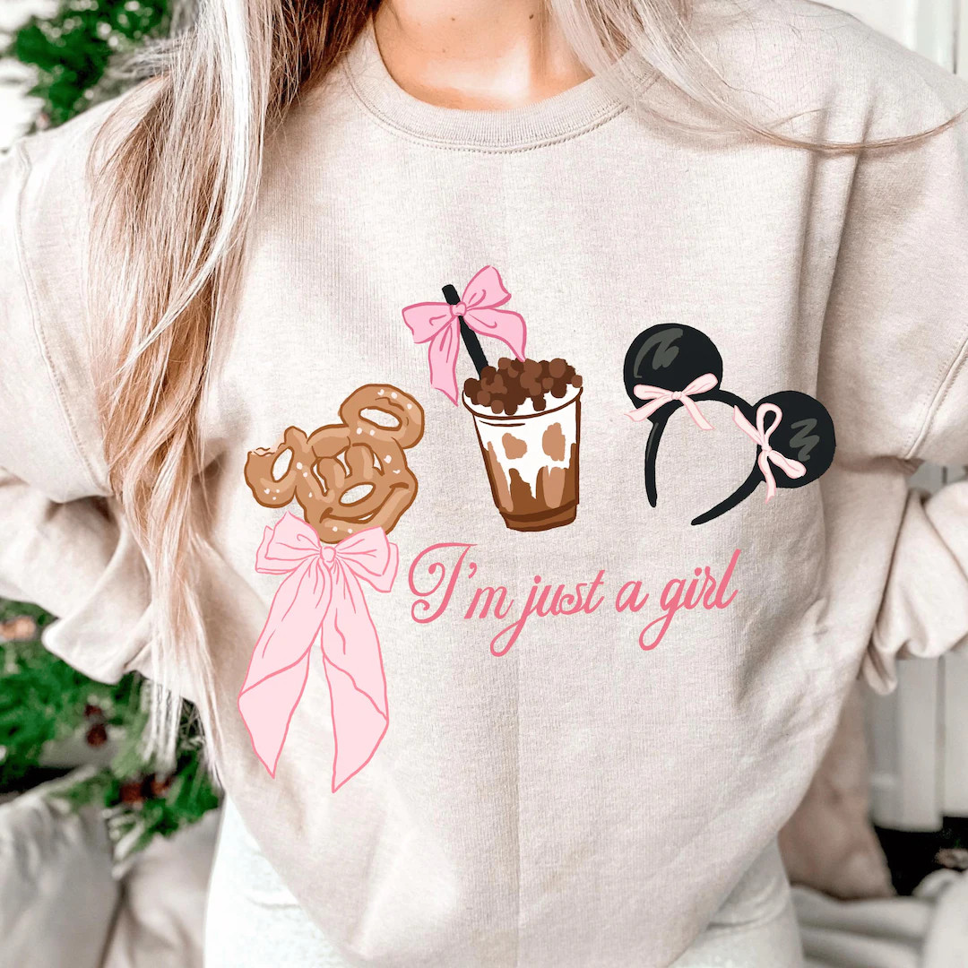 Just a Girl Disney Sweatshirt, Coffee Pretzel Bow Minnie Ears Pullover, Pink Aesthetic Cozy Gift ... | Etsy (US)