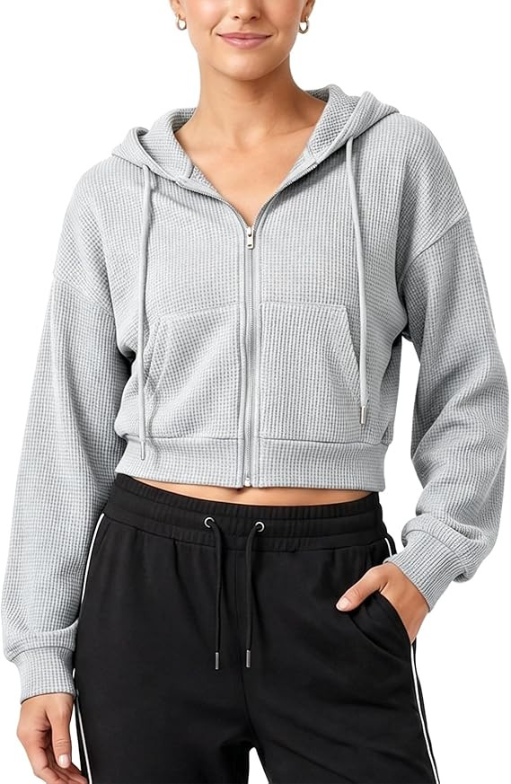 Yimoon Cropped Hoodie Women Zip Up Crop Hoodie Waffle Knit Sweatshirt Jackets | Amazon (US)