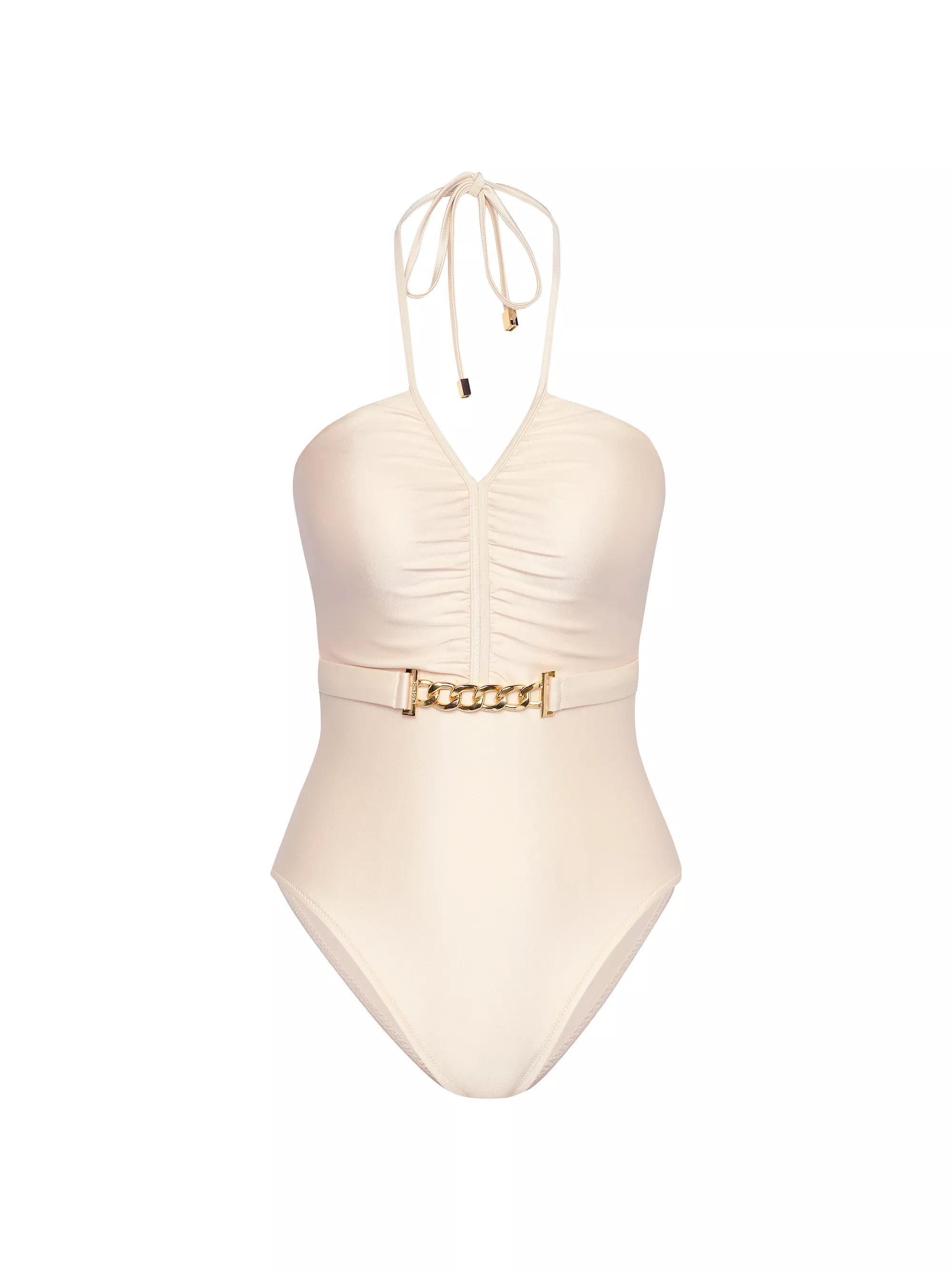 Shop L'AGENCE Leila Halter Belted One-Piece Swimsuit | Saks Fifth Avenue | Saks Fifth Avenue