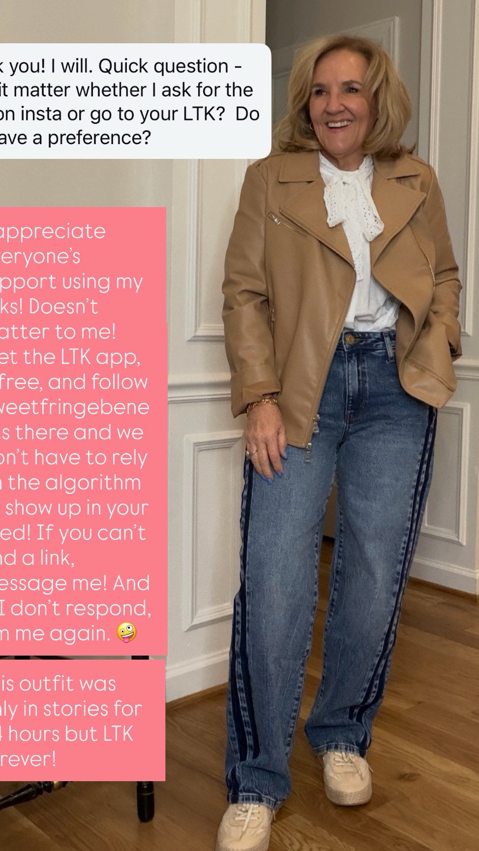 I’m glad you’re here! My outfits always go to LTK first! You get the first look. 
Track stripe jeans size 6 (size down) 
Moto jacket size 1.0
Lace blouse size medium 
Sneakers tts 

#LTKOver40 #LTKPetite #LTKootd