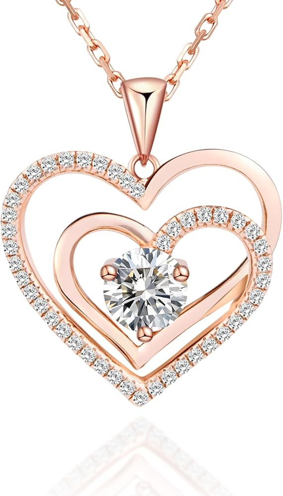 Heart Pendant Necklace for Women,S925 Sterling Silver, Cubic Zirconia Double Heart Necklace Chain... | Amazon (US)