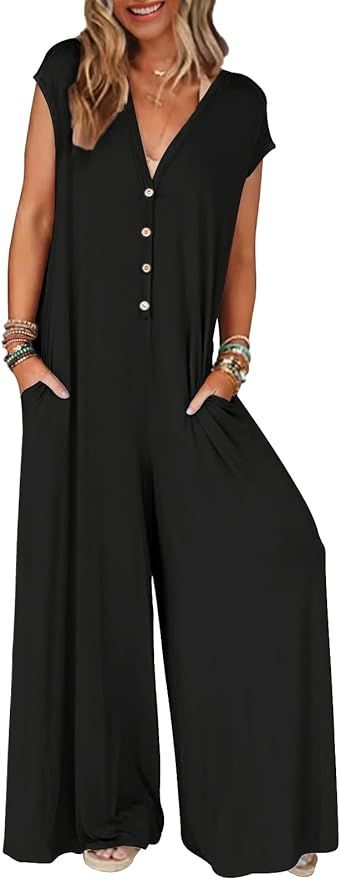 MEROKEETY Women's 2024 Summer Cap Sleeve Jumpsuits Deep V Neck Button Onesie Wide Leg Pants Rompe... | Amazon (US)