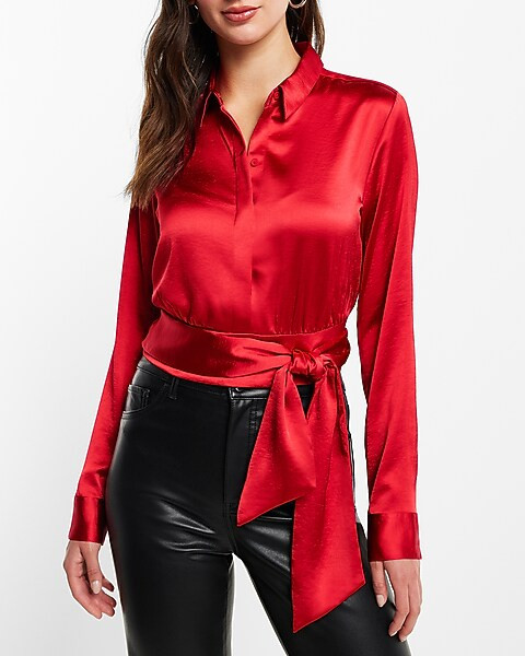 Satin Tie Front Banded Bottom Portofino Shirt | Express