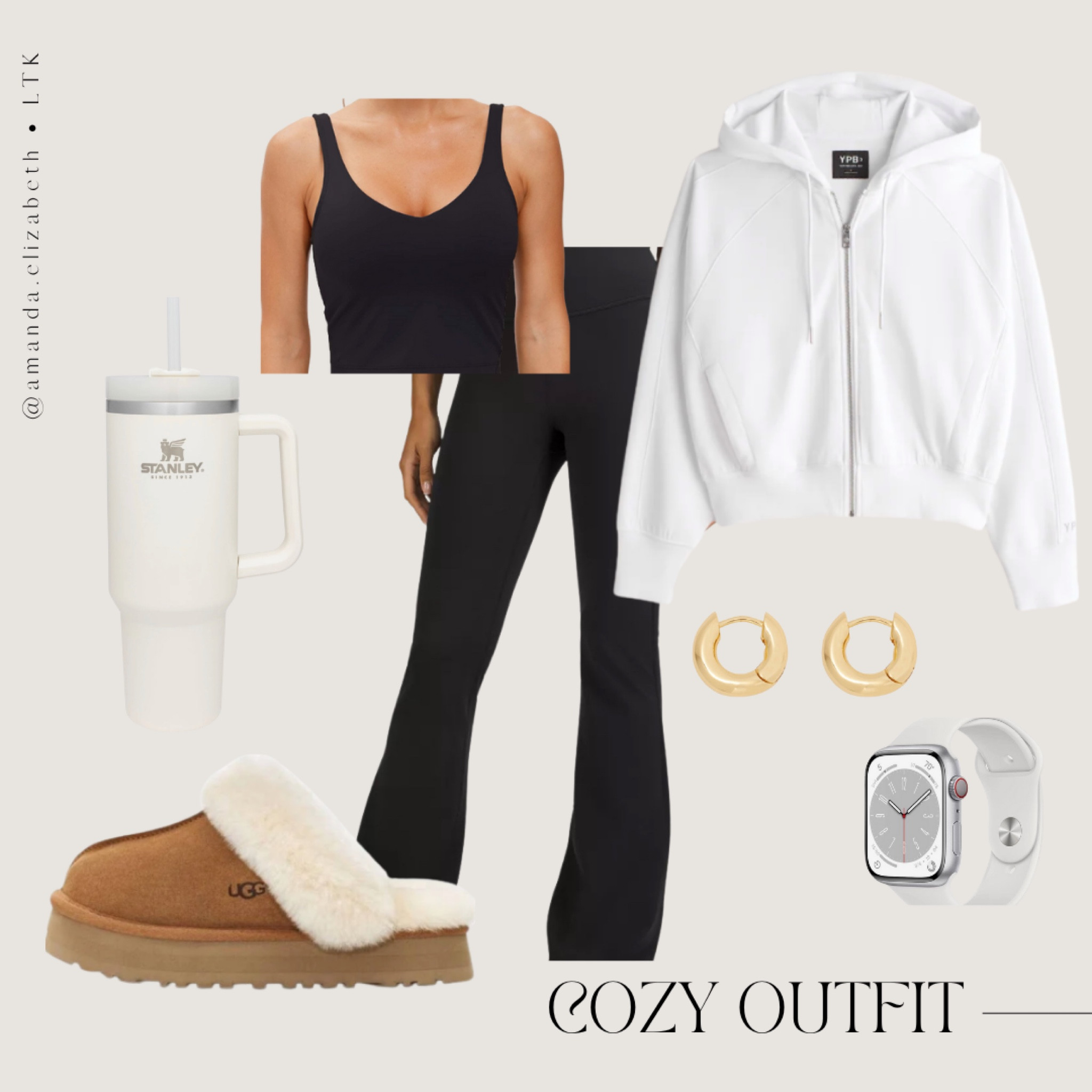 the perfect cozy outfit inspo for a chill day at home, running errands, a road trip, or even a movie date night with your man. grab a pair of black flair leggings from lululemon, pair that with a black althleasure tank top, top with a white zip up hoodie, and a pair of platform UGG slippers. accessorize with a white stanley tumbler, a silver apple watch, and a pair of gold huggie hoop earrings. 

#LTKSeasonal #LTKstyletip #LTKfit
