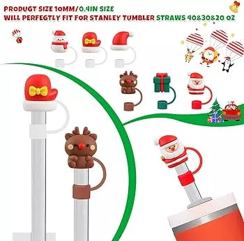 4Pcs 0.4in/10mm Diameter Straw Topper, Christmas Straw Cover for