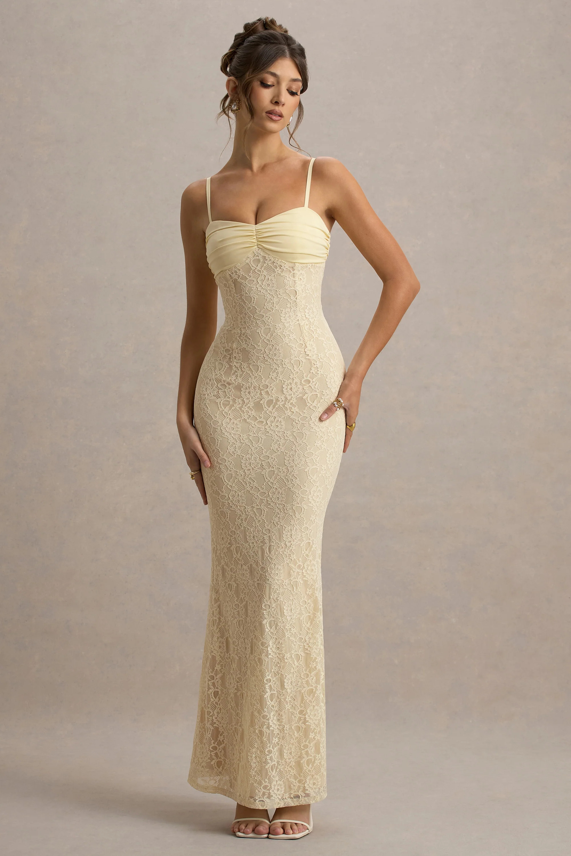 Felicia | Pale Lemon Satin Sweetheart Maxi Dress With Lace Details | Club L London
