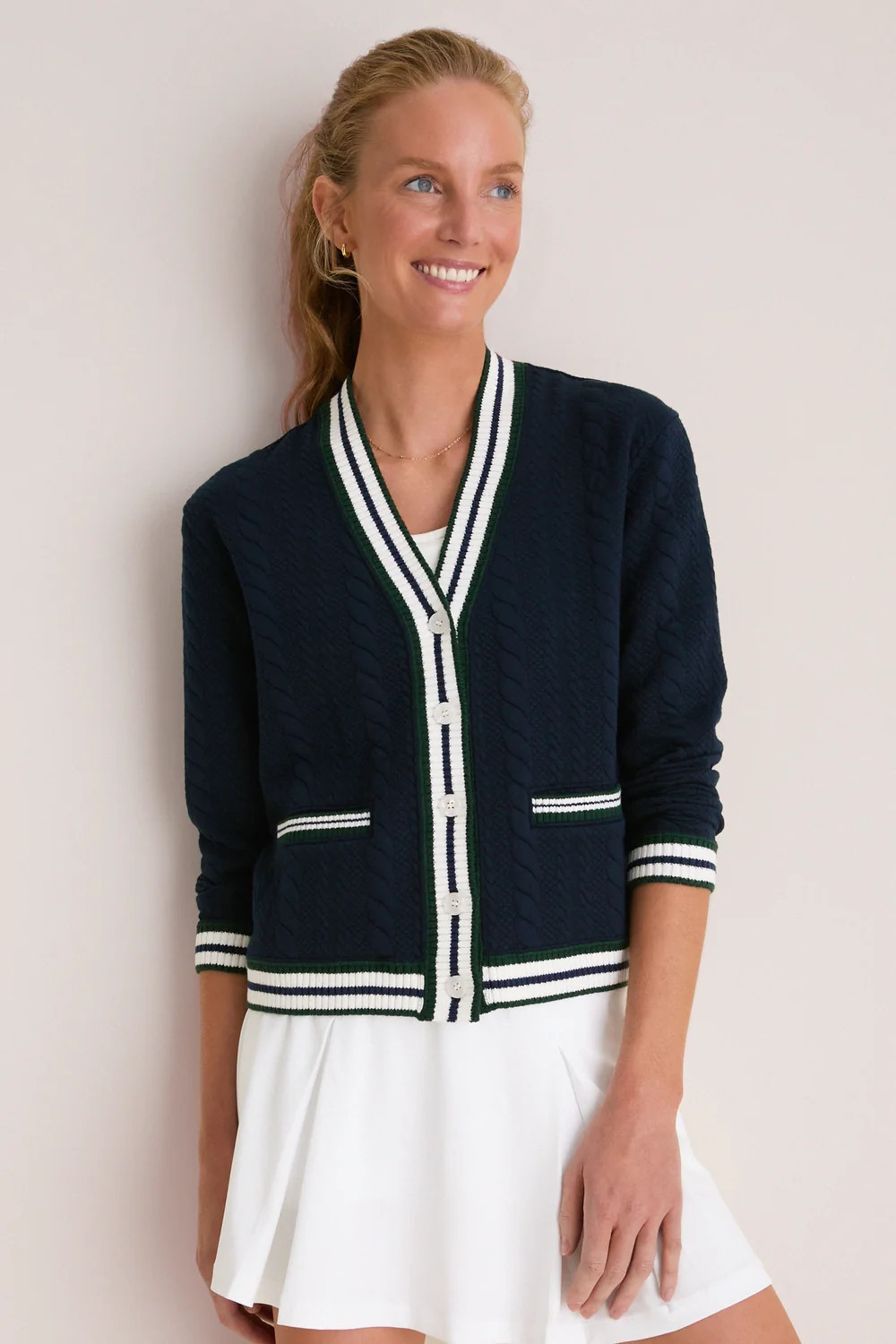 Navy and White Cable Charley Cardigan | Tuckernuck (US)