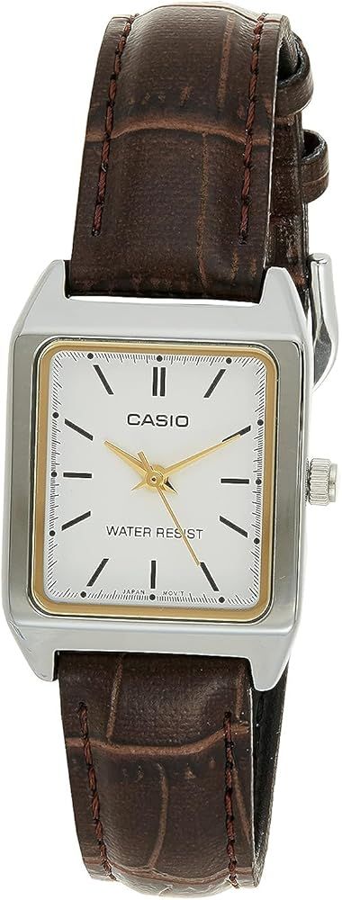 Casio Womens Analogue Quartz Brown/White Watch       
Band Material: Leather 

Clasp: Tang Buckle | Amazon (US)