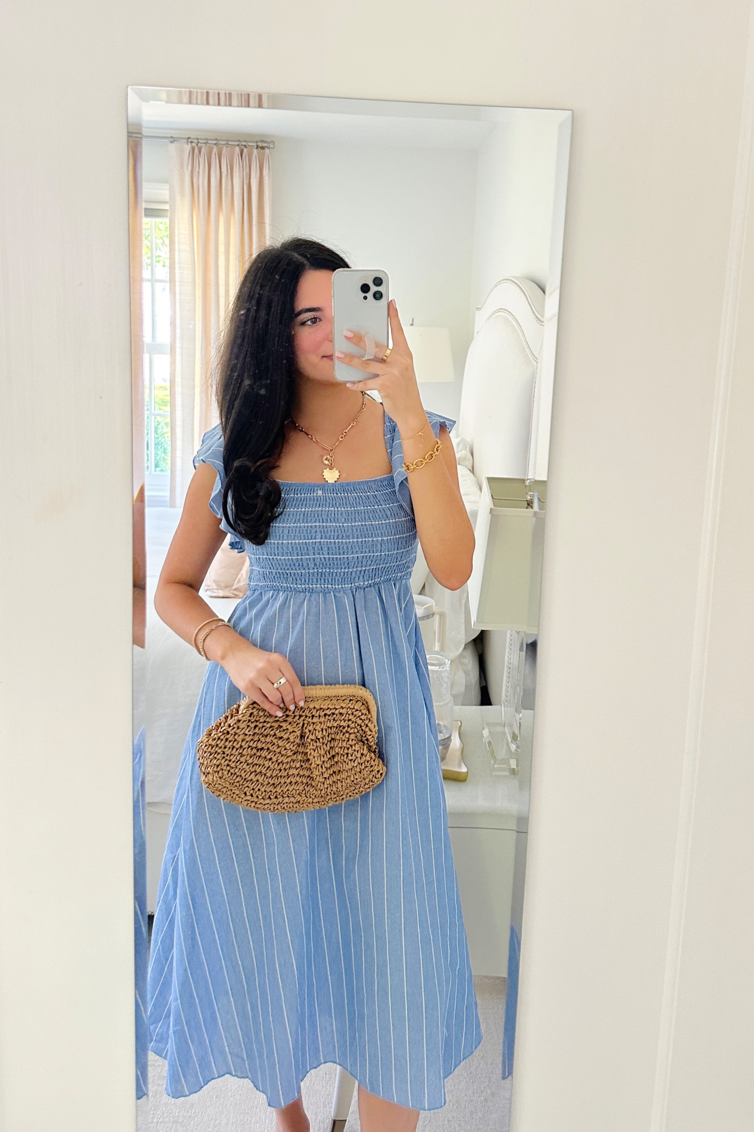 Amazon blue and white sundress! Great piece for the rest of summer! Bag is also Amazon and so cute to pair with any dressy look or as a wedding guest piece 
