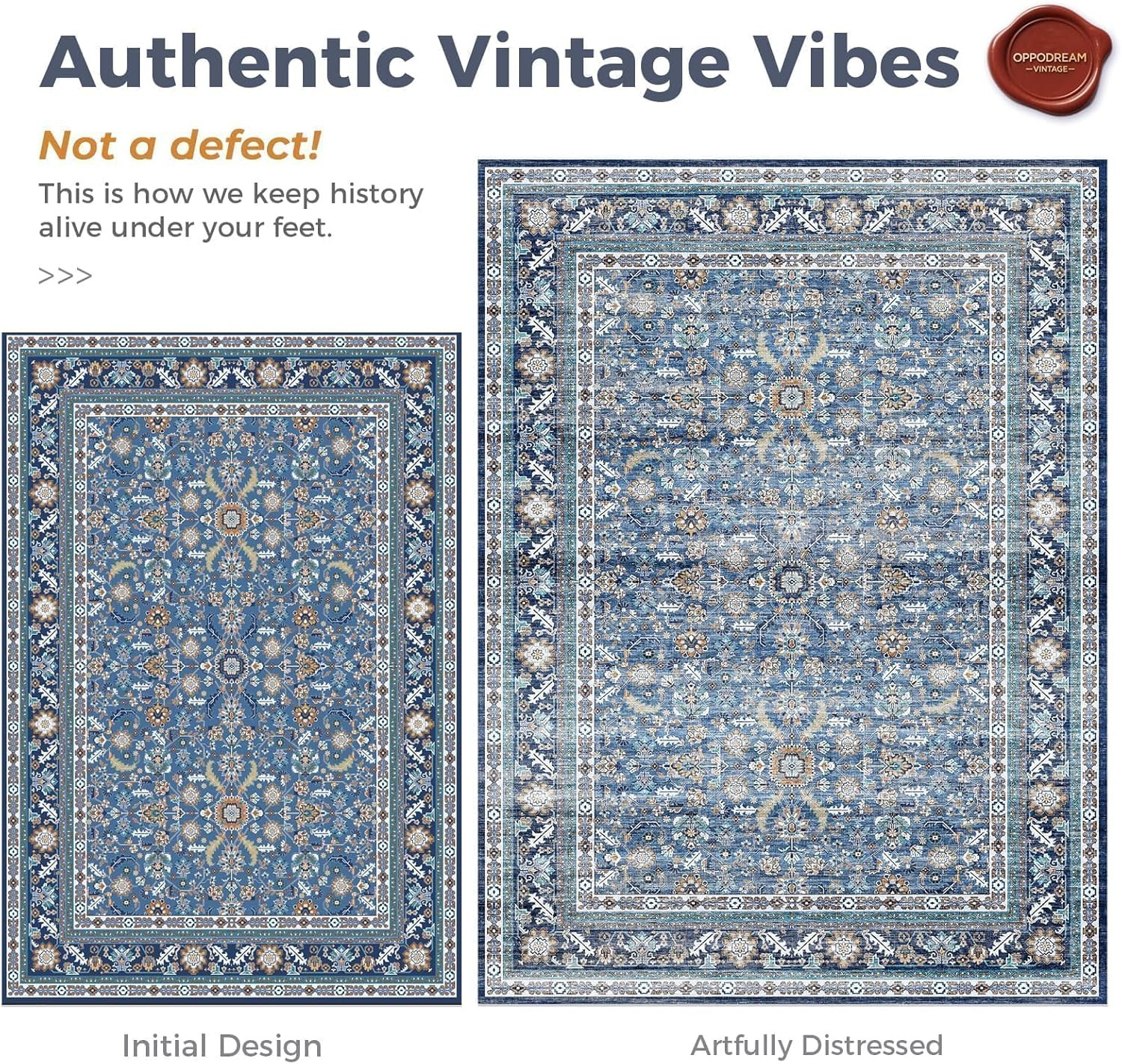 OPPODREAM Vintage Blue Area Rugs 8x10, 8 x 10 Retro Washable Rug Non Slip, Low-Pile Faux Wool Car... | Amazon (US)