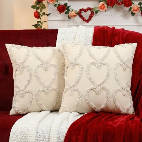Oudain 2 Pcs Valentines Day Throw Pillow Covers with Hearts 18 x 18 Inches Decorative Hearts Tufted Pillow Covers for Couch Sofa Living Room Couple Present Valentine Gift | Amazon (US)