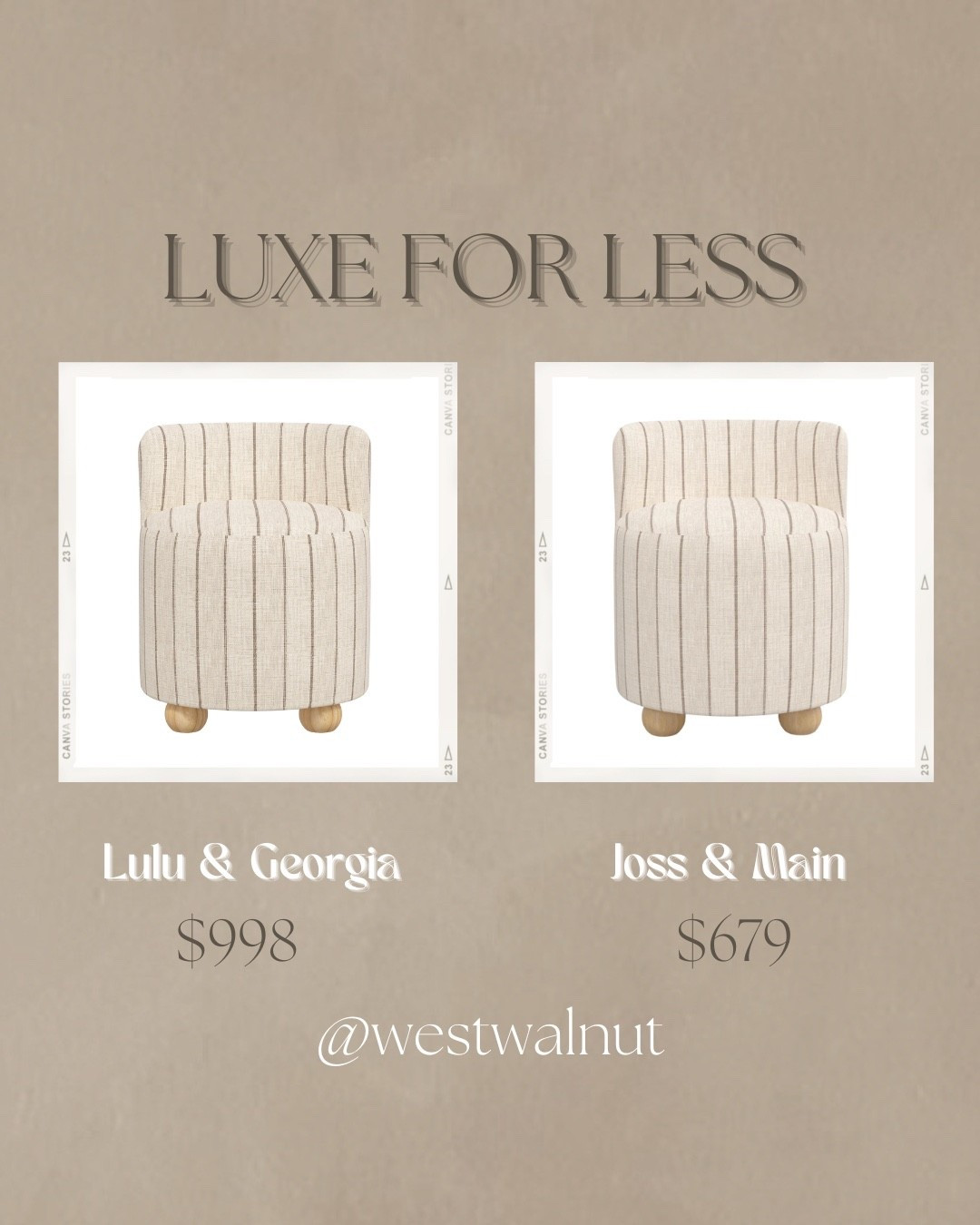 On the left is the Fernsby Accent Chair from Lulu & Georgia. It is constructed with hard and manufactured wood and upholstered with 71% cotton & 29% linen. 
Dimensions: 22"W x 22"D x 28"H

On the right is the Bee Vanity Chair from Joss & Main which is originally $749 but currently on sale for $679. 
Dimensions: 27.5" H X 22" W X 22.25"' D

#AffordableFurniture #LuxeForLessHome #ChairDupe #ModernDecor

#LTKHome