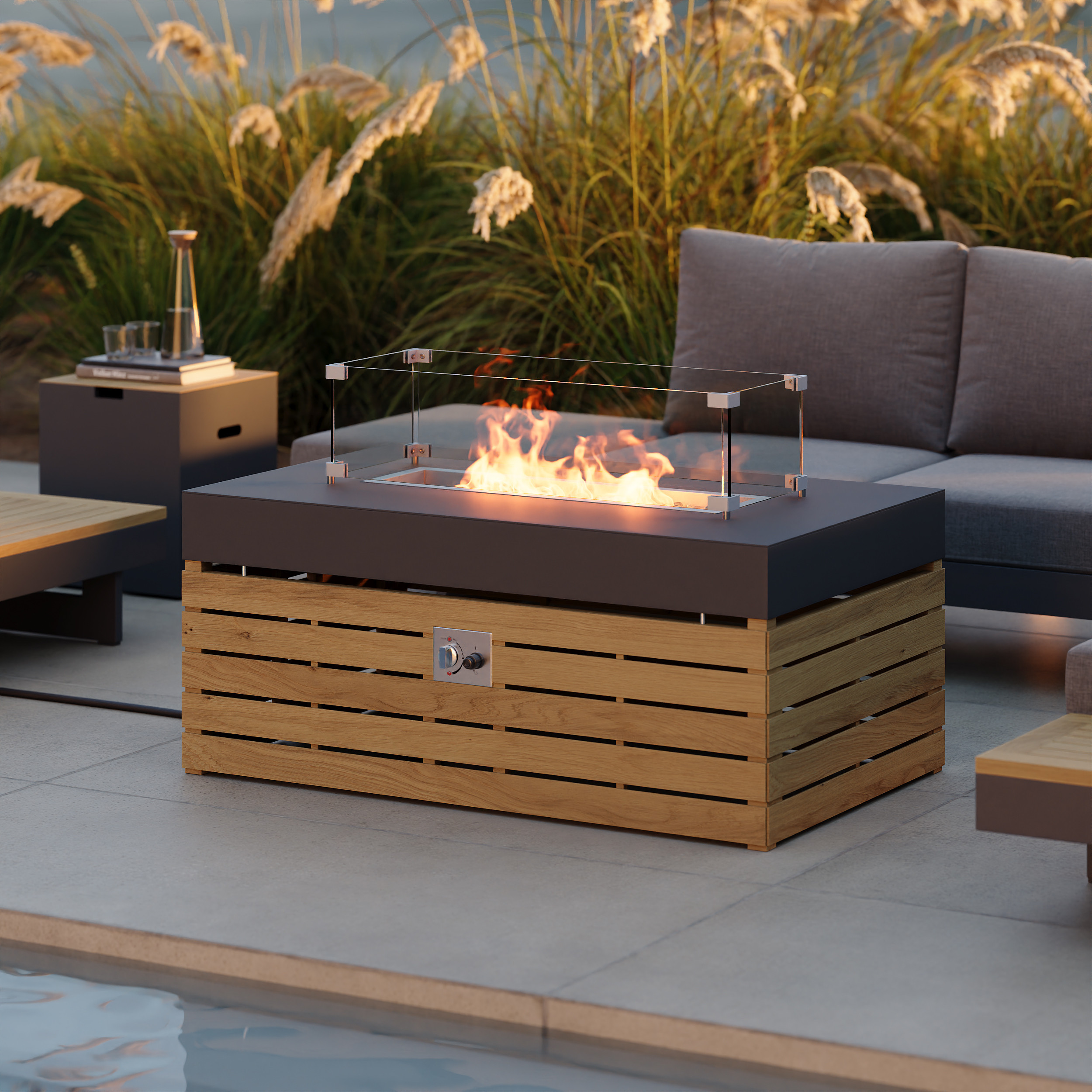 Axis Smokeless Propane Fire Pit Table with Glass Wind Guard, Dual-Tone Teak Base for Modern Outdoor Patio, Deck & Garden | Homary