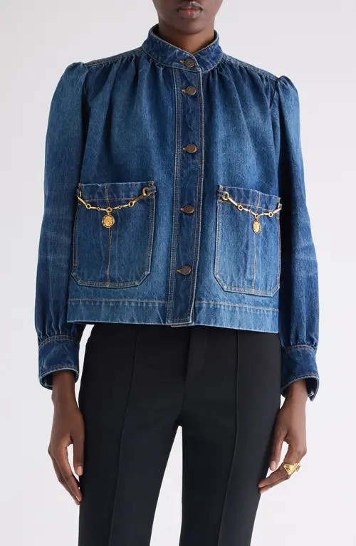 Chloé Chain Detail Puff Shoulder Denim Jacket in Faded Indigo at Nordstrom, Size 12 Us | Nordstrom